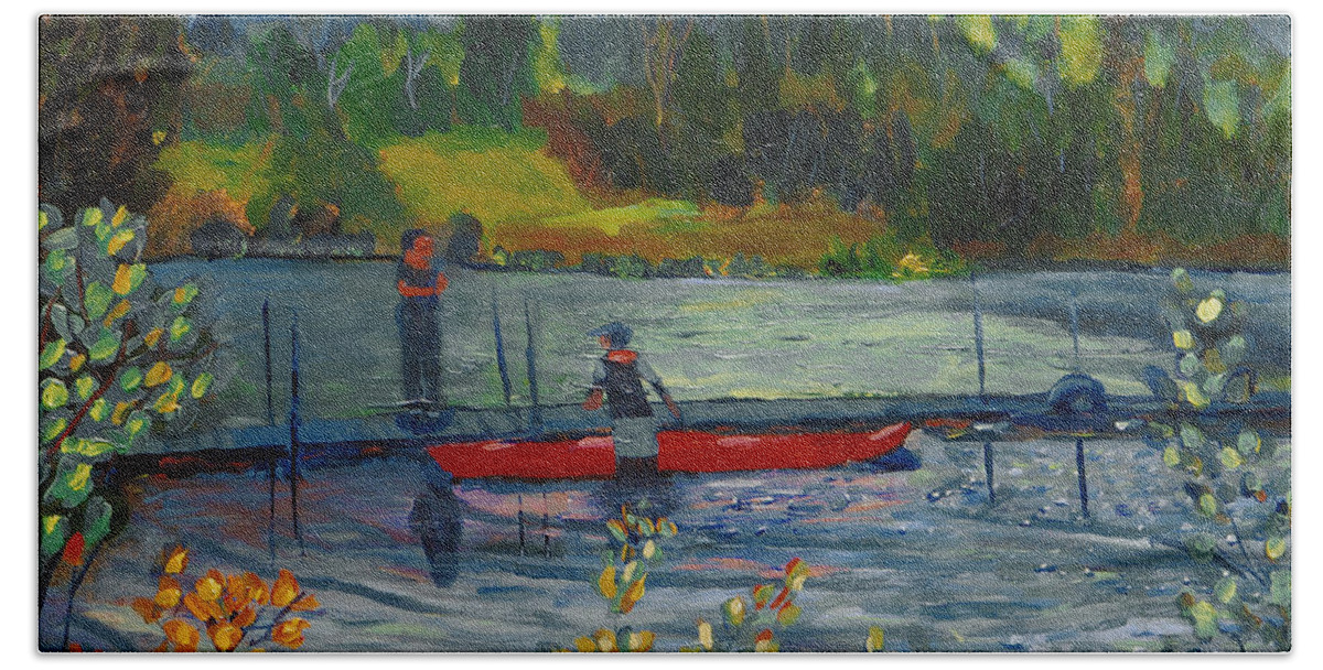 Kayak Bath Towel featuring the painting Kayak at Kittatinny by Michael Daniels