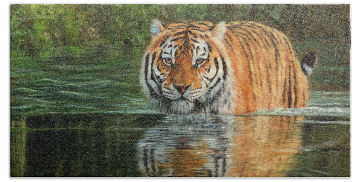 Tiger Hand Towel featuring the painting Keeping Cool by David Stribbling