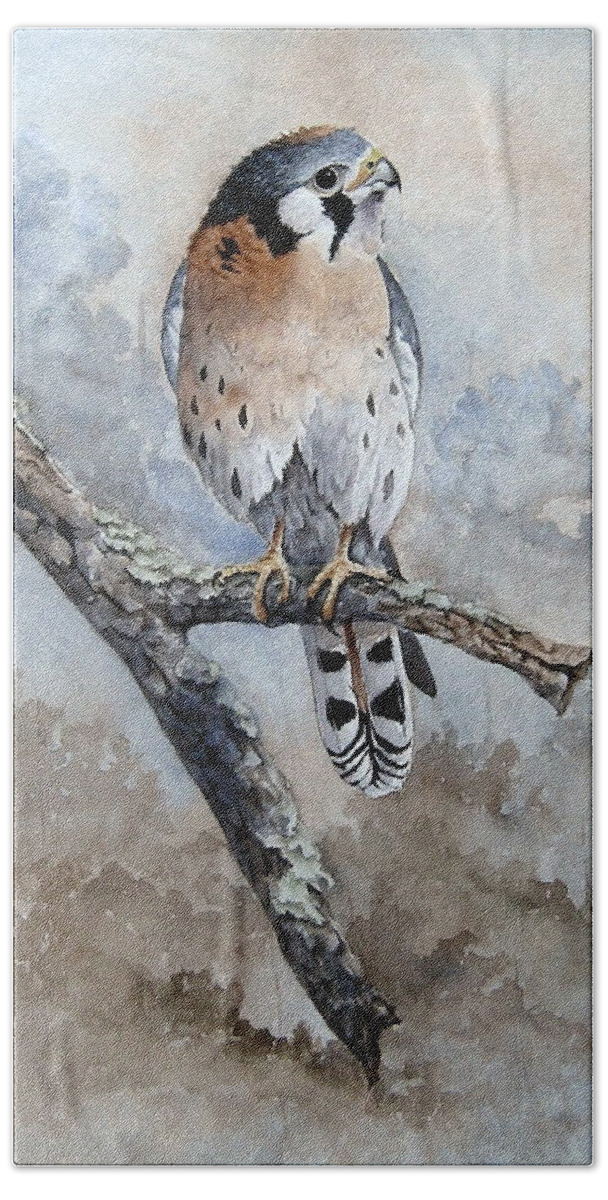 Bird Bath Towel featuring the painting Kestrel Perch by Mary McCullah
