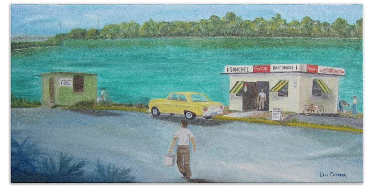Key West Hand Towel featuring the painting Key West Bait Shacks by Linda Cabrera
