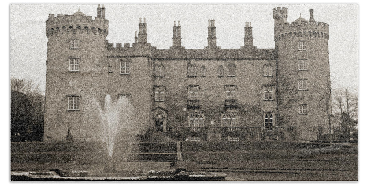 Kilkenny Hand Towel featuring the photograph Kilkenny Castle- Antique Black and White by Shanna Hyatt