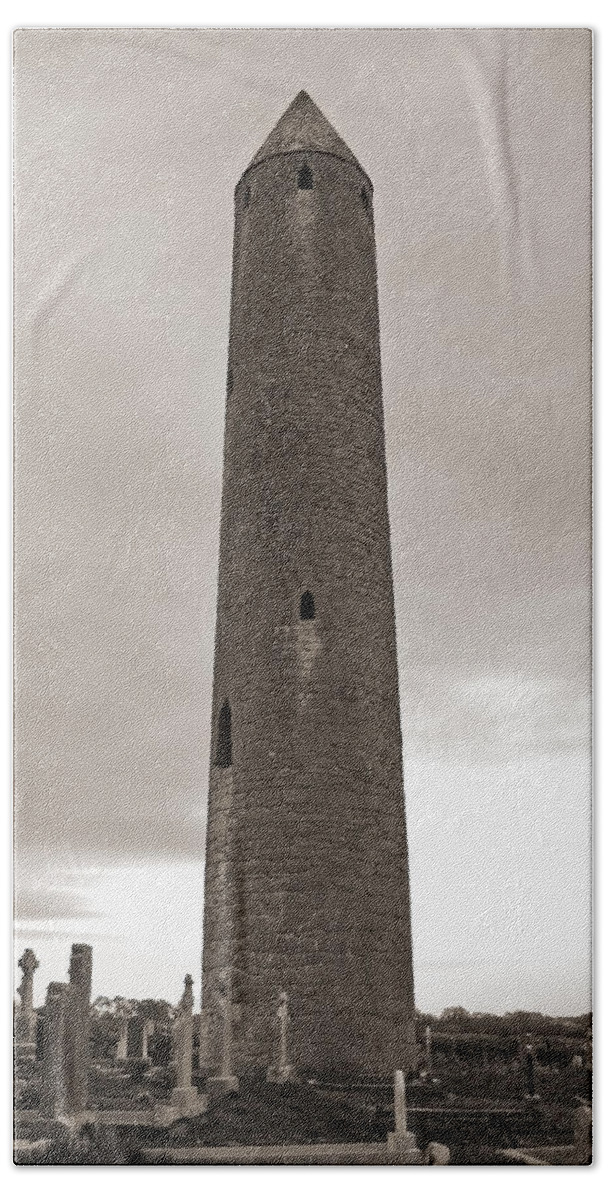 Kilmacduagh Hand Towel featuring the photograph Kilmacdaugh Tower- Antique Black and White by Shanna Hyatt
