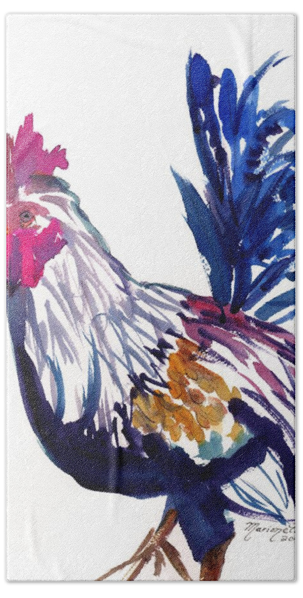 Kauai Rooster Hand Towel featuring the painting Kilohana Rooster by Marionette Taboniar