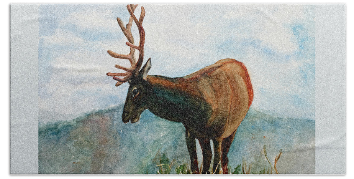 Elk Bath Towel featuring the painting King of the Hill by Mary Benke