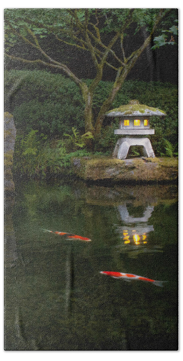 Glow In The Dark Bath Towel featuring the painting Koi by Lantern Light by Lori Grimmett