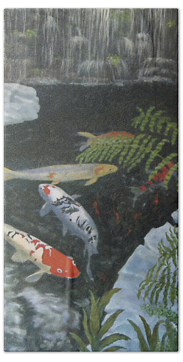 Karen Zuk Rosenblatt Art And Photography Hand Towel featuring the painting Koi fish by Karen Zuk Rosenblatt