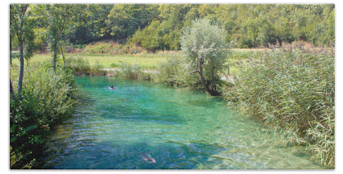 Croatia Bath Towel featuring the photograph Korana river turquoise bathing area by Brch Photography