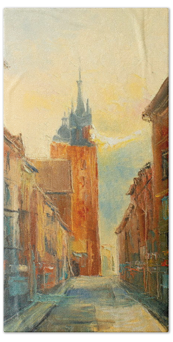Krakow Bath Towel featuring the painting Krakow Florianska Street by Luke Karcz