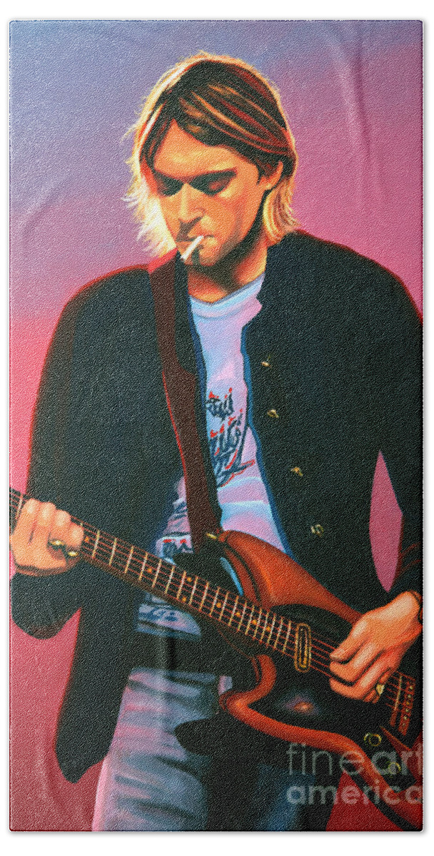 Kurt Cobain Hand Towel featuring the painting Kurt Cobain in Nirvana Painting by Paul Meijering