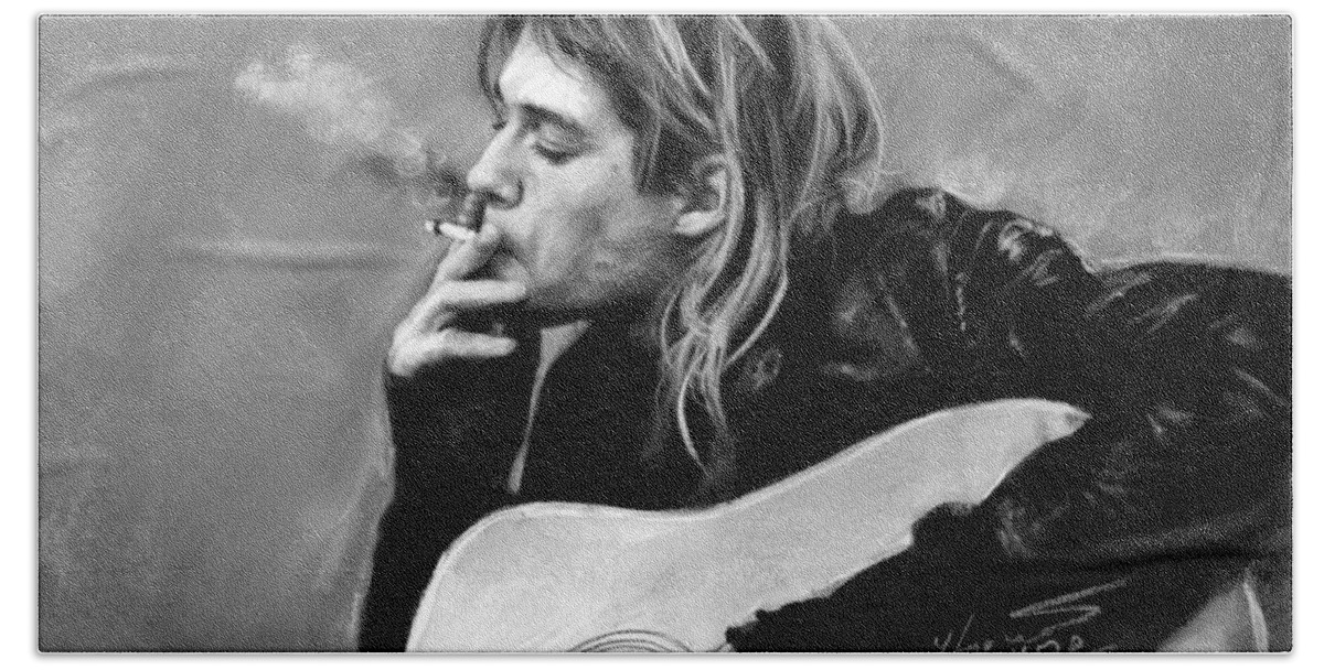 Kurt Cobain Hand Towel featuring the drawing Kurt Cobain guitar by Viola El