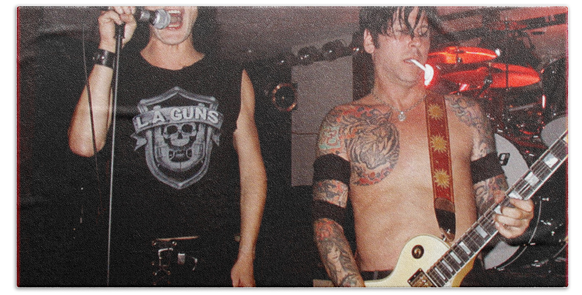 Music Bath Towel featuring the photograph L.A. Guns Live in Lawrence 2002 I by Mike Greco