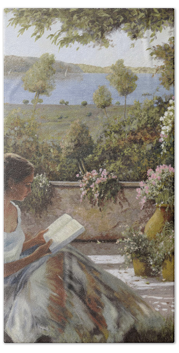 Read Hand Towel featuring the painting La Lettura All'ombra by Guido Borelli
