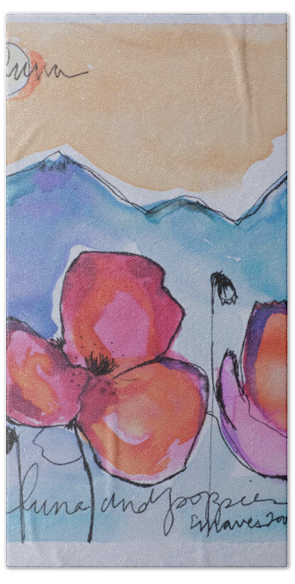 Poppies Hand Towel featuring the painting La Luna and Poppies by Laurie Maves ART