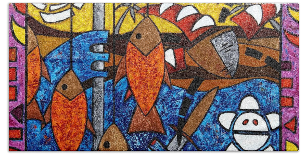 Fish Bath Towel featuring the painting La pesca virgen de un hombre honrado by Oscar Ortiz