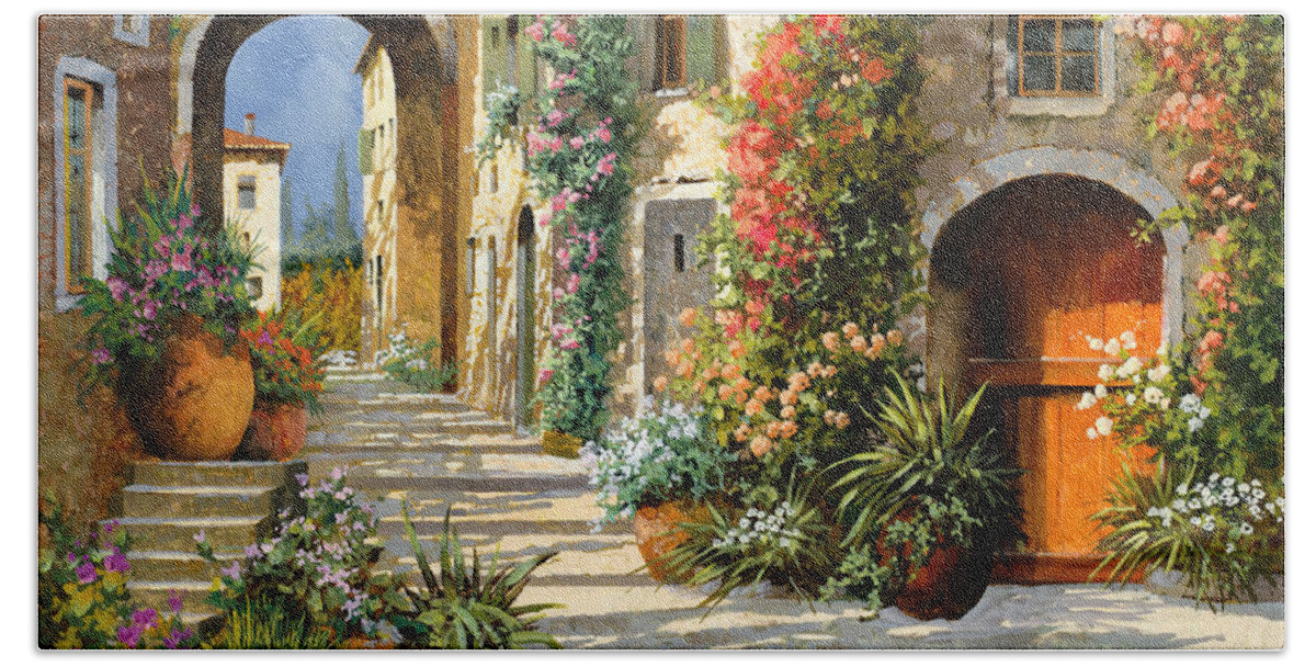 Landscape Hand Towel featuring the painting La Porta Rossa Sulla Salita by Guido Borelli