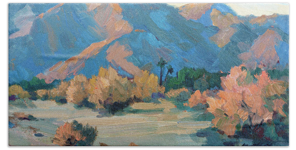 La Quinta Cove Hand Towel featuring the painting La Quinta Cove - Highway 52 by Diane McClary