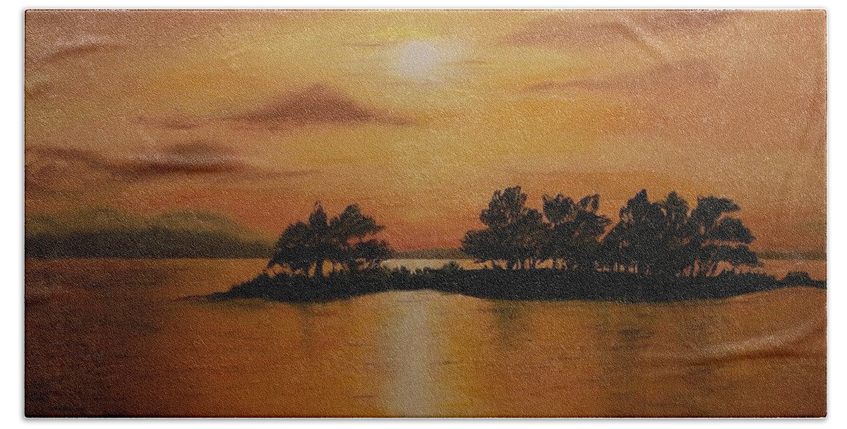 Sunset Northern Alberta Hand Towel featuring the painting Lac La Biche Sunset by Sharon Duguay