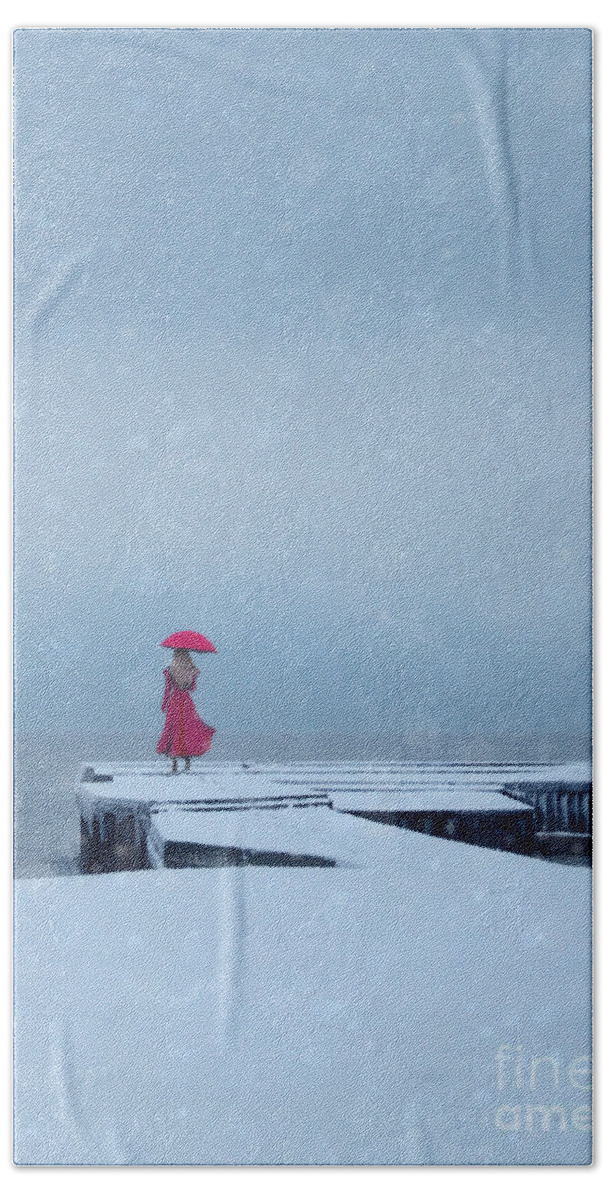 Lady Bath Towel featuring the photograph Lady in Red on Snowy Pier by Jill Battaglia