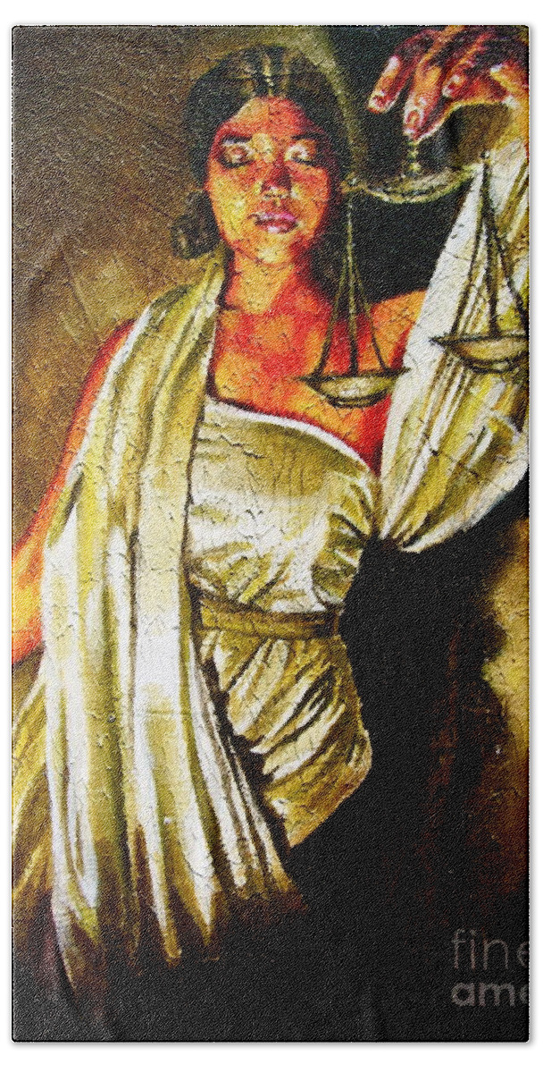 Law Art Hand Towel featuring the painting Lady Justice Sepia by Laura Pierre-Louis