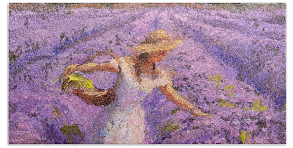 Lavender Art Hand Towel featuring the painting Woman Picking Lavender In A Field In A White Dress - Lady Lavender - Plein Air Painting by K Whitworth