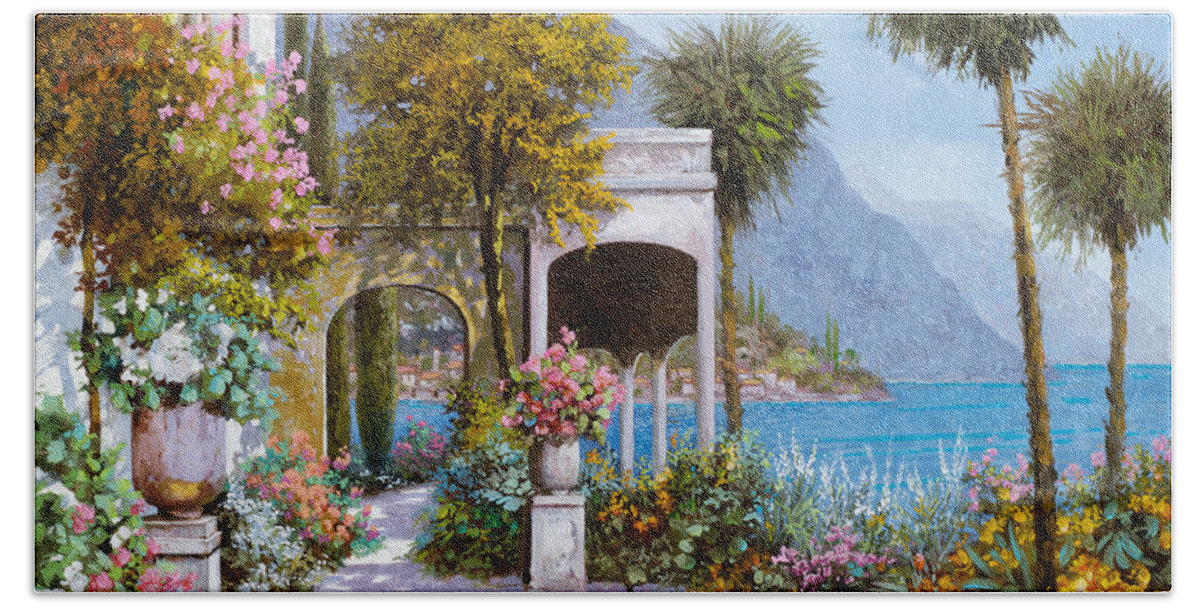 Lake Bath Sheet featuring the painting Lake Como-la passeggiata al lago by Guido Borelli