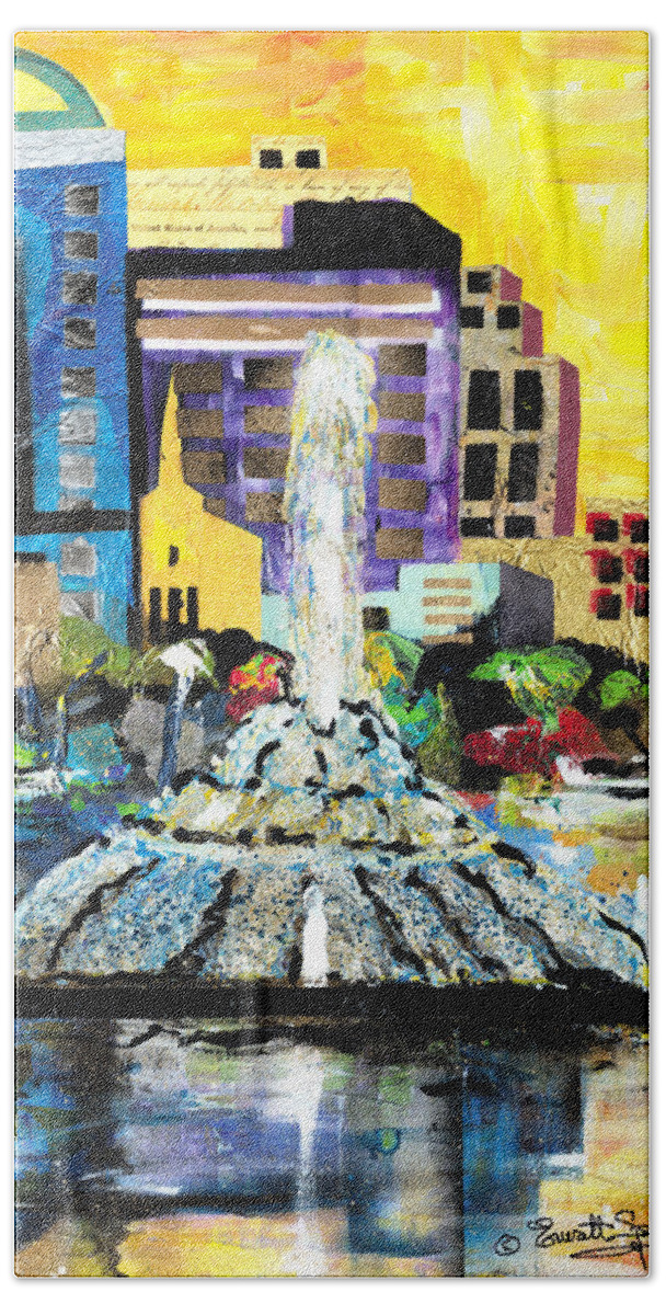 Orlando Bath Towel featuring the painting Lake Eola - part 2 of 3 by Everett Spruill