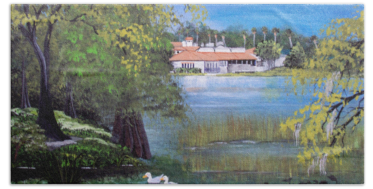 Lake Hollingsworth Bath Towel featuring the painting Lake Hollingsworth Landscape by Gloria E Barreto-Rodriguez