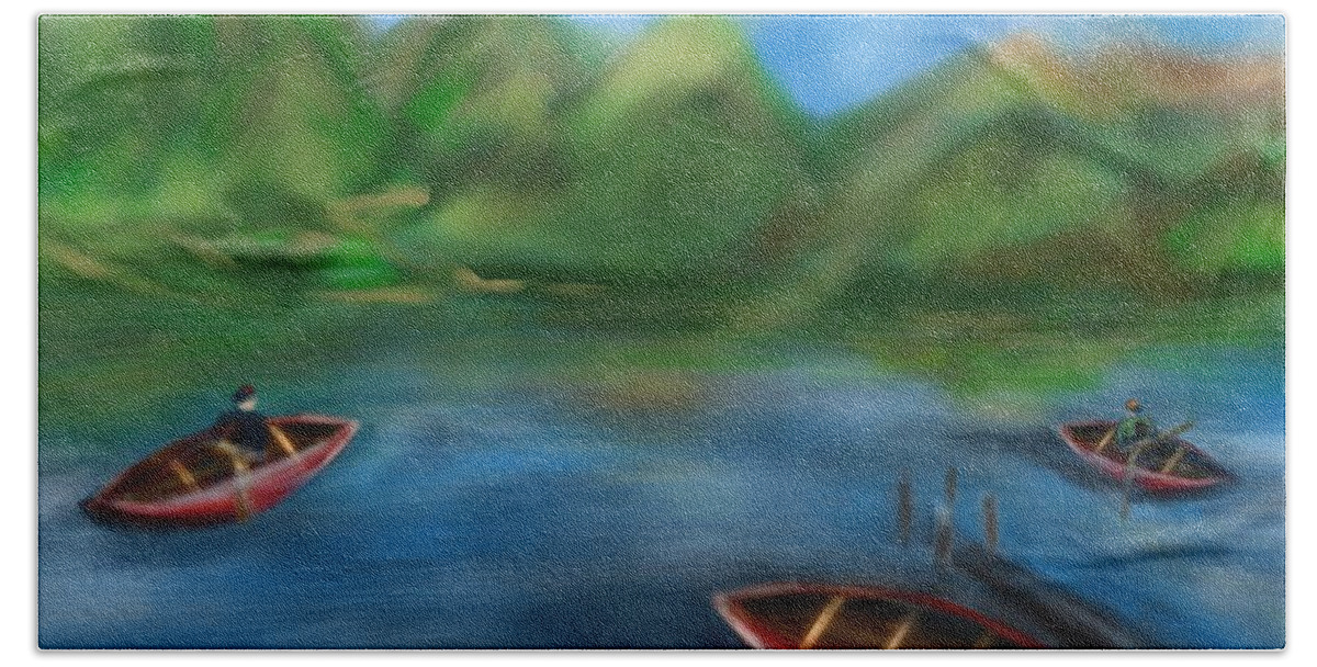 Canoes Bath Towel featuring the painting Lake Lovely by Christine Fournier