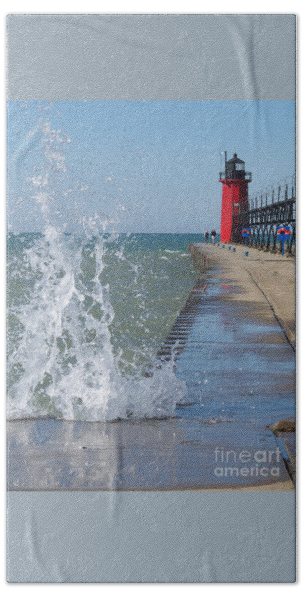 Lighthouse Bath Sheet featuring the photograph Lake Michigan Splash by Ann Horn