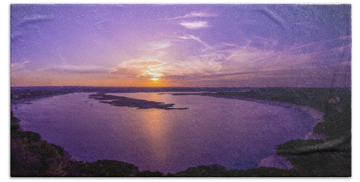Lake Travis Sunset Hand Towel featuring the photograph Lake Travis Sunset by David Morefield