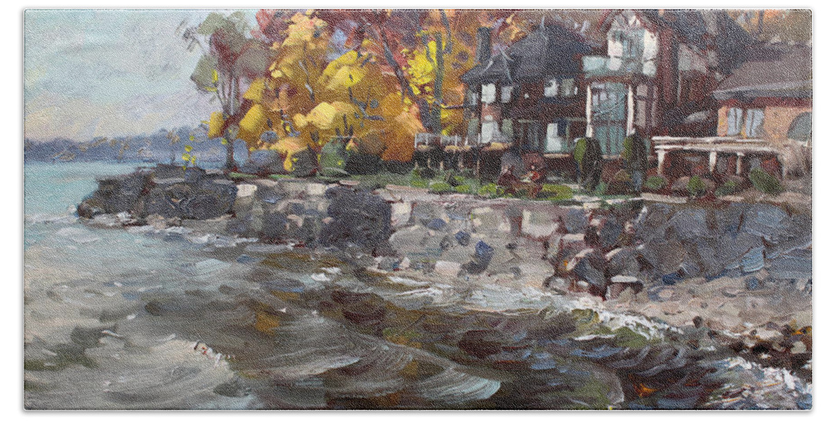 Lakeshore Mississauga Hand Towel featuring the painting Lakeshore Mississauga by Ylli Haruni