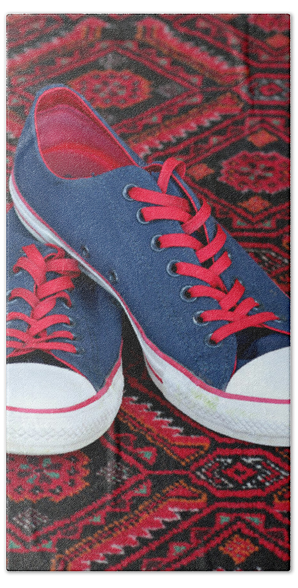 Converse All Star Shoes Hand Towel featuring the photograph Lance's Shoes by E Faithe Lester