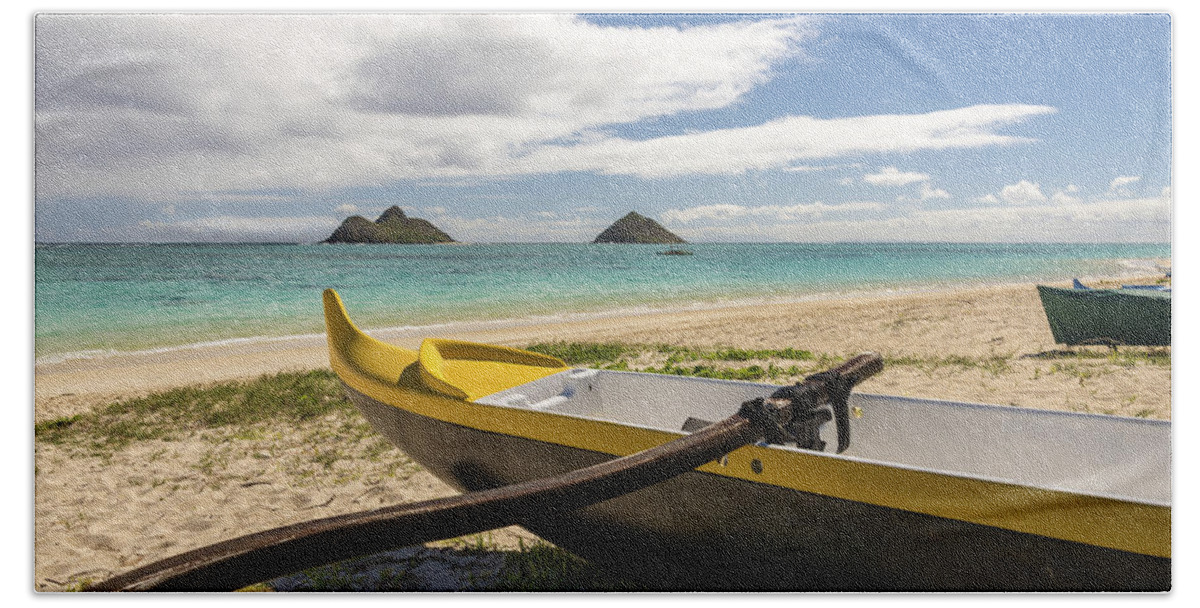 Lanikai Kailua Oahu Hawaii Beach Park Outrigger Canoe Boat Seascape Bath Towel featuring the photograph Lanikai Beach Outrigger 1 - Oahu Hawaii by Brian Harig