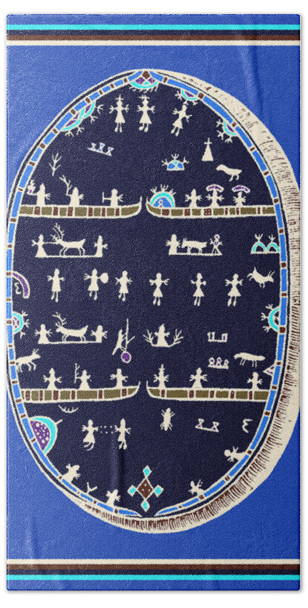 Shaman's Drum Hand Towel featuring the digital art Lappish Shaman's Ritual Drum by Vagabond Folk Art - Virginia Vivier