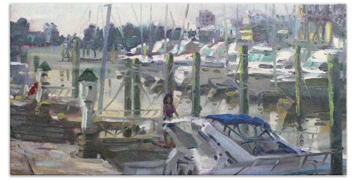 Virginia Harbor Hand Towel featuring the painting Late Afternoon in Virginia Harbor by Ylli Haruni