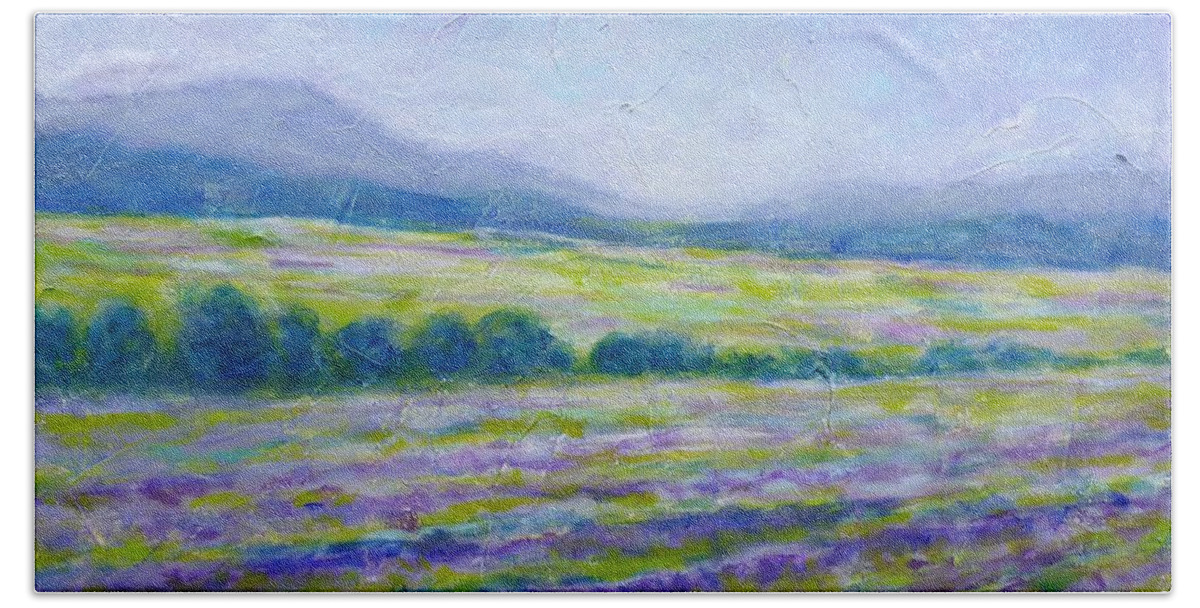Field Bath Towel featuring the painting Lavender Field in Provence by Cristina Stefan