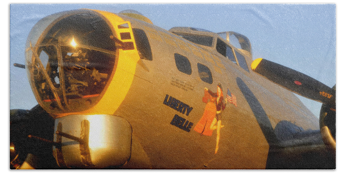 Fine Art Photography Of The Liberty Belle B 17 Flying Fortress. This Image Taken Just Weeks Before The Lb Bath Sheet featuring the photograph Liberty Belle B 17 work E by David Lee Thompson