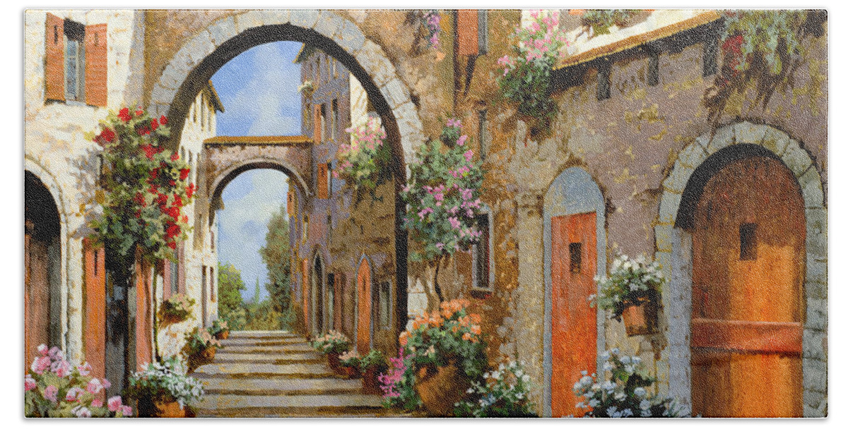 Landscape Hand Towel featuring the painting Le Porte Rosse Sulla Strada by Guido Borelli