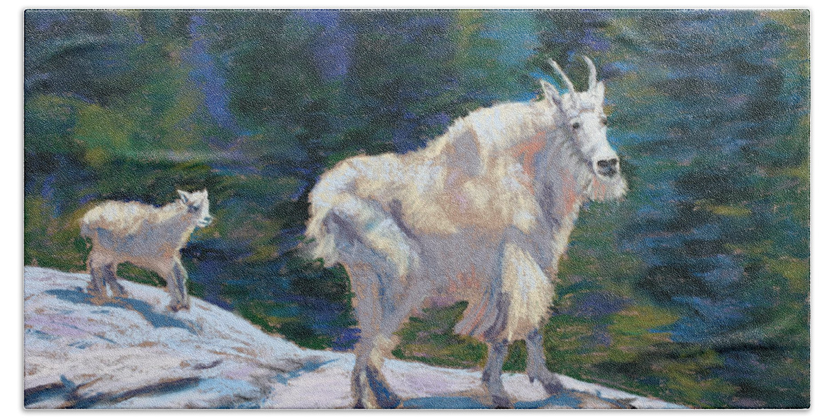 Mountain Goats Hand Towel featuring the painting Learning to Walk on the Edge by Mary Benke