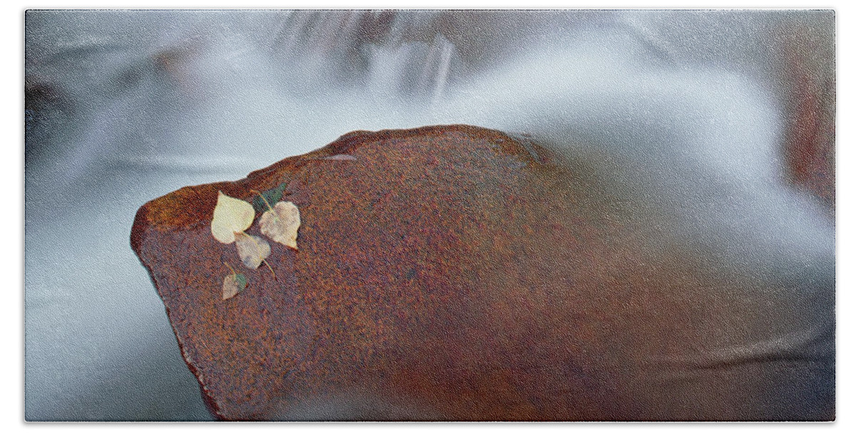 Blurr Hand Towel featuring the photograph Leaves On Rock In River by Randall Levensaler