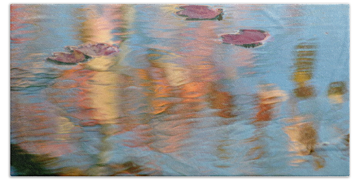 Autumn Bath Towel featuring the photograph Leaves Real and Reflected by Frozen in Time Fine Art Photography