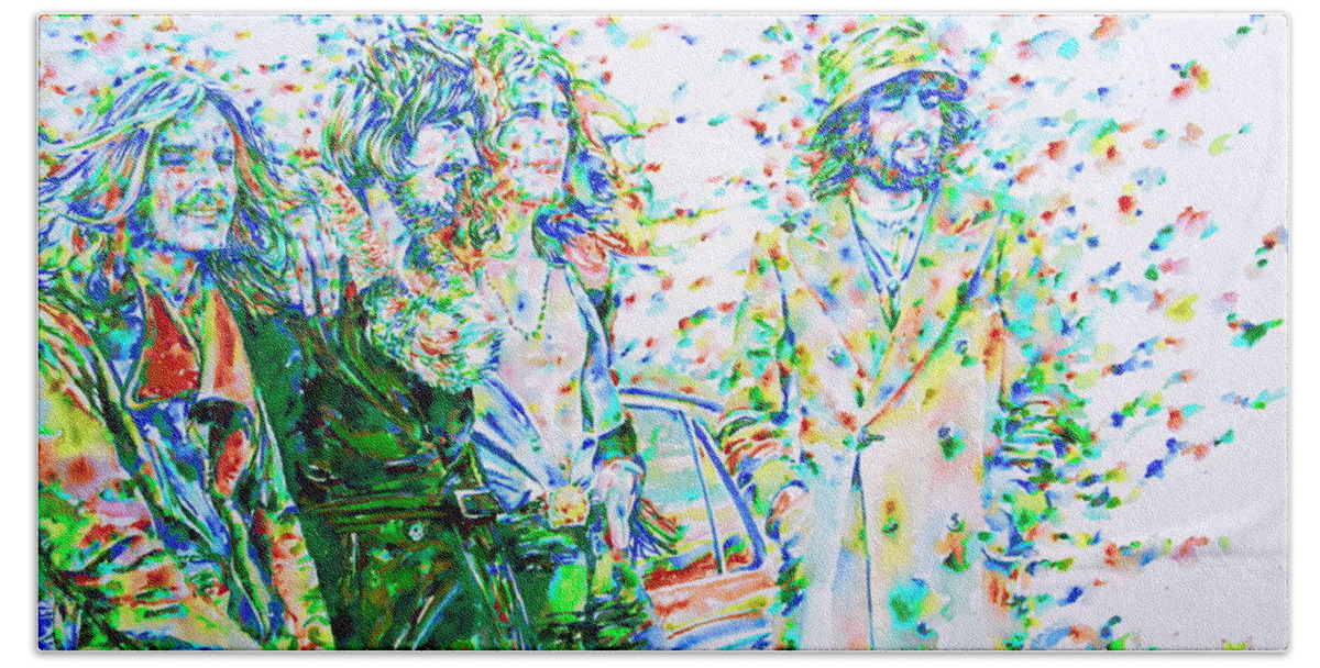 Led Hand Towel featuring the painting LED ZEPPELIN - watercolor portrait.2 by Fabrizio Cassetta