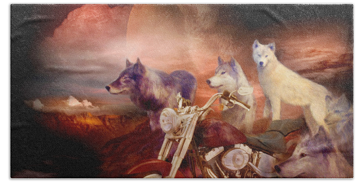 Wolf Bath Towel featuring the mixed media Legend Of Wolf Mountain by Carol Cavalaris