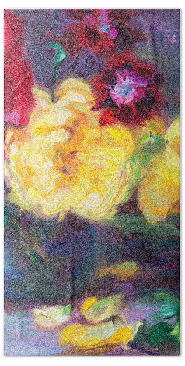 Still Life Bath Towel featuring the painting Lemon and Magenta - flowers and radish by Talya Johnson