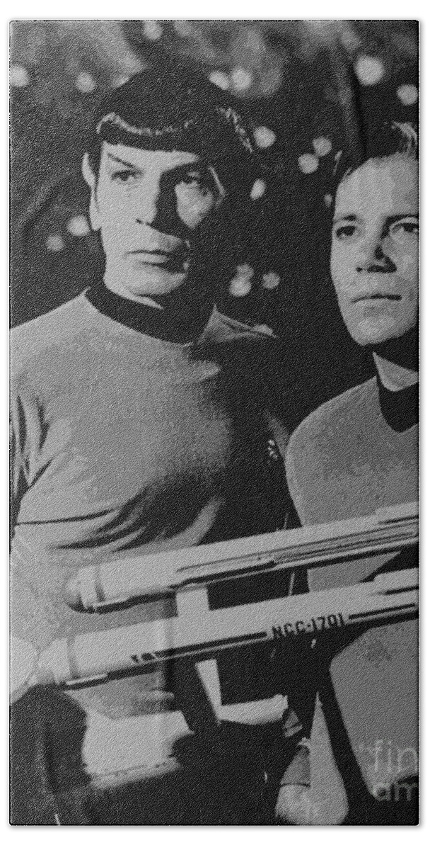 Leonard Bath Towel featuring the photograph Leonard Nimoy William Shatner Star Trek 1968 by Vintage Collectables