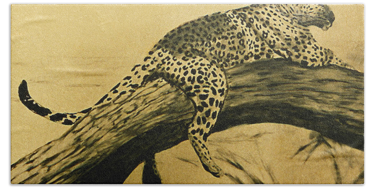 Africa.leopard Bath Towel featuring the painting Leopard in Tree Art Print by William Cain