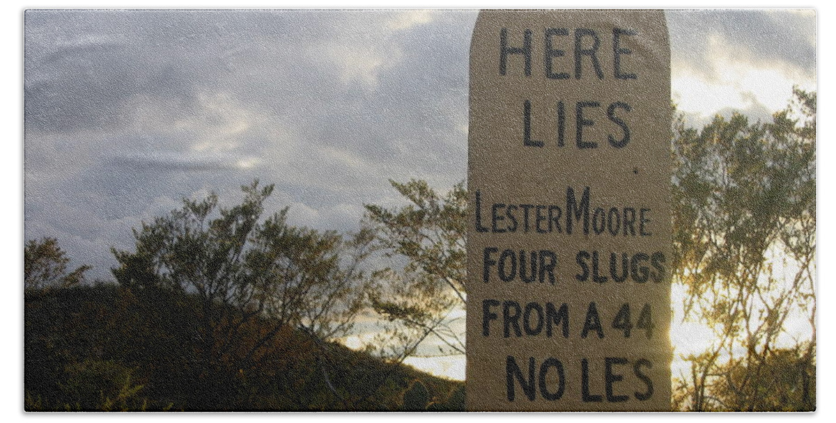 Lester Moore Grave Boothill Cemetery Tombstone Arizona Dusk Bath Towel featuring the photograph Lester Moore grave Boothill Cemetery Tombstone Arizona 2004 by David Lee Guss