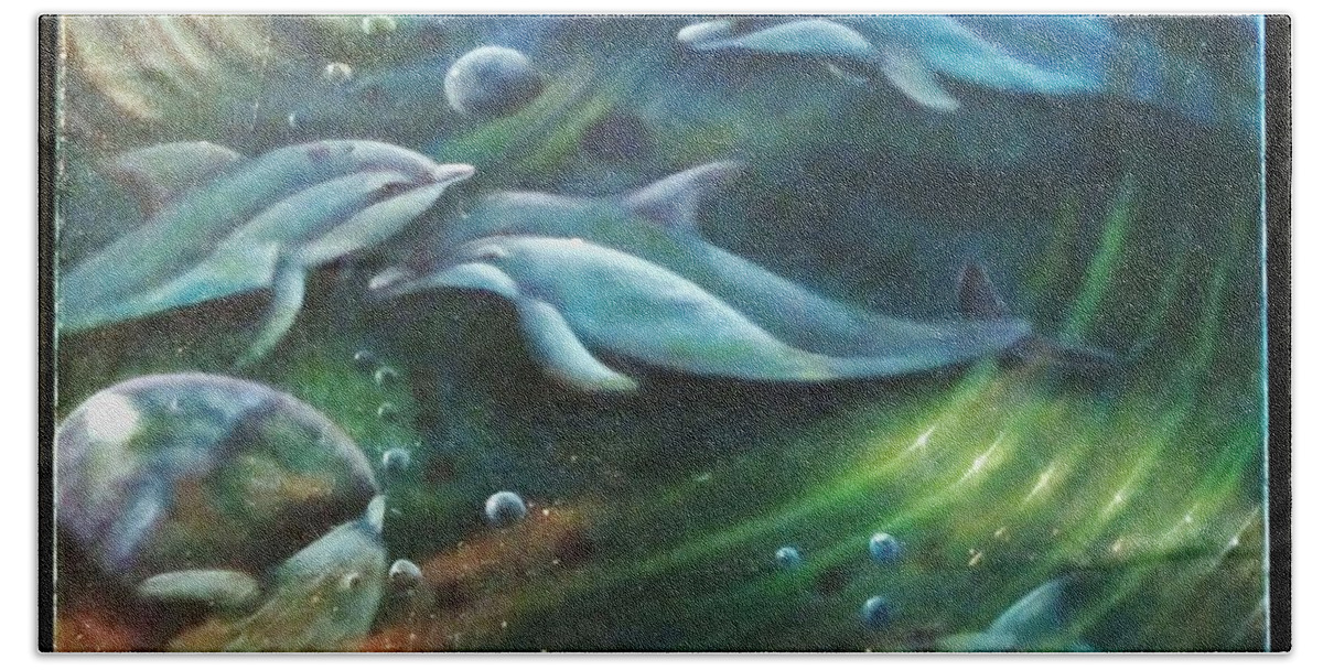 Dolphins Hand Towel featuring the painting Let's Play by Sherry Strong