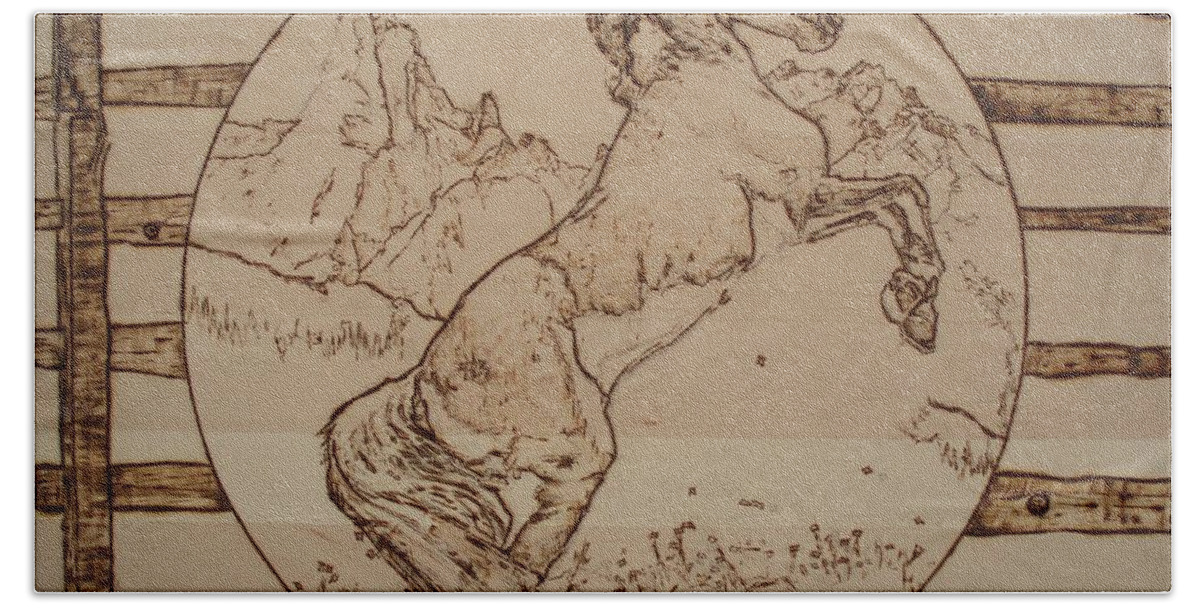 Pyrography Bath Towel featuring the pyrography Horse Rearing by Sean Connolly