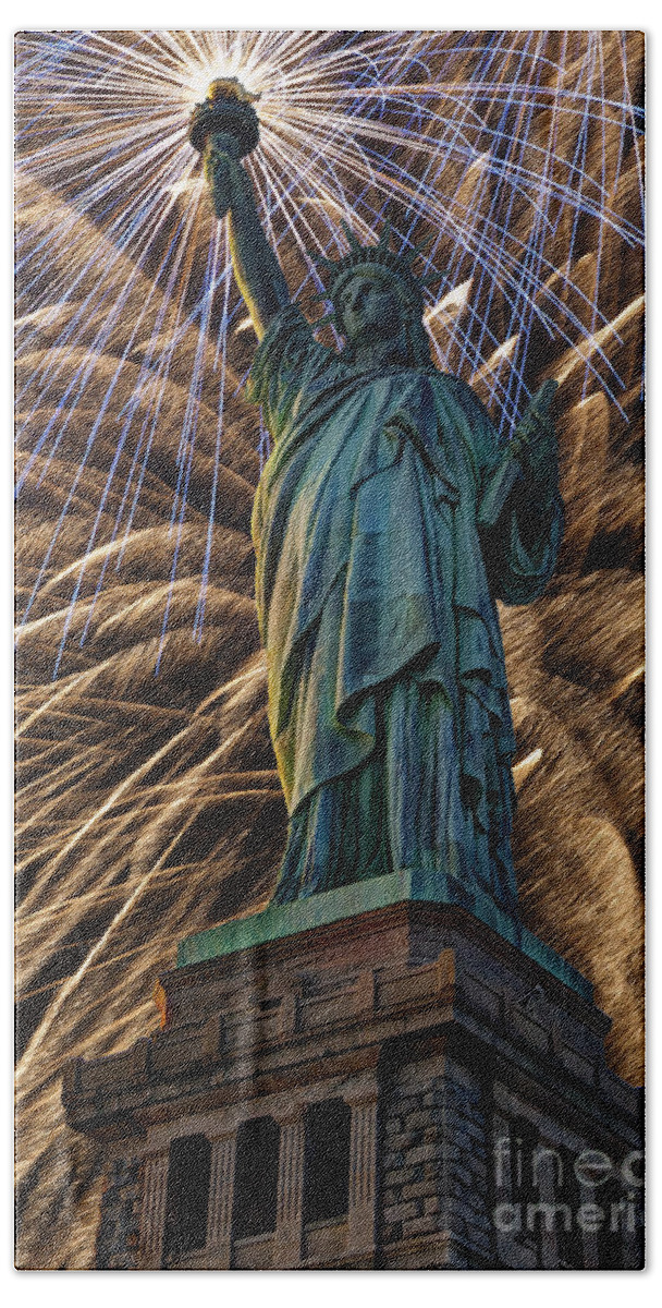 Statue Of Liberty Bath Sheet featuring the photograph Liberty Fireworks by Steve Purnell